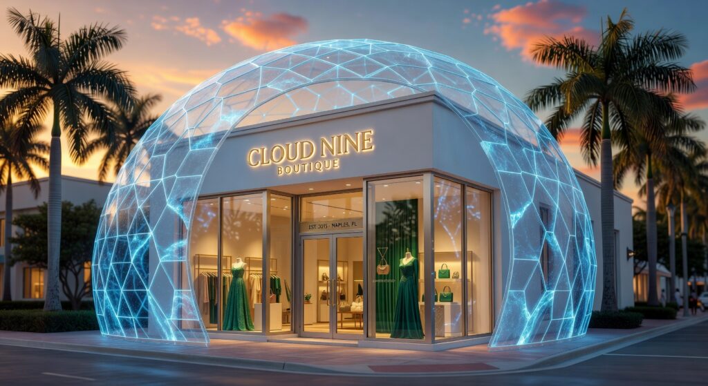 Ultra-realistic 8K image of a small business storefront on Fifth Avenue South in Naples Florida protected by a glowing blue digital cybersecurity shield with palm trees and blue sky in background during golden hour