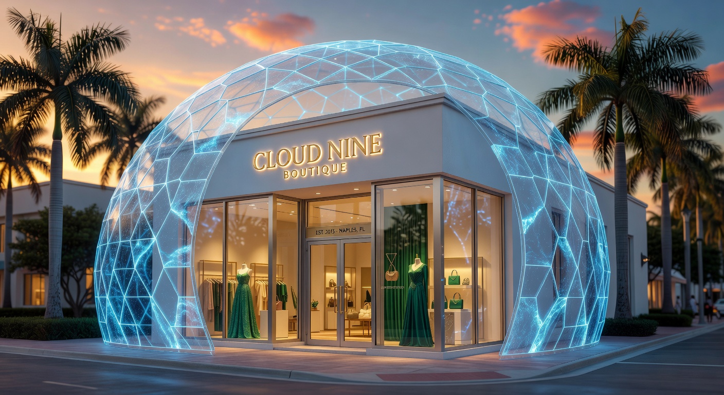 Ultra-realistic 8K image of a small business storefront on Fifth Avenue South in Naples Florida protected by a glowing blue digital cybersecurity shield with palm trees and blue sky in background during golden hour