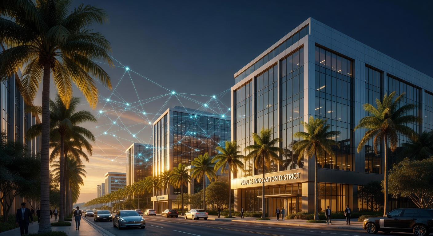 Ultra-realistic 8K photograph of modern Naples Florida business district with luxury offices and palm trees at golden hour, showing digital network connections overlay, professional commercial photography