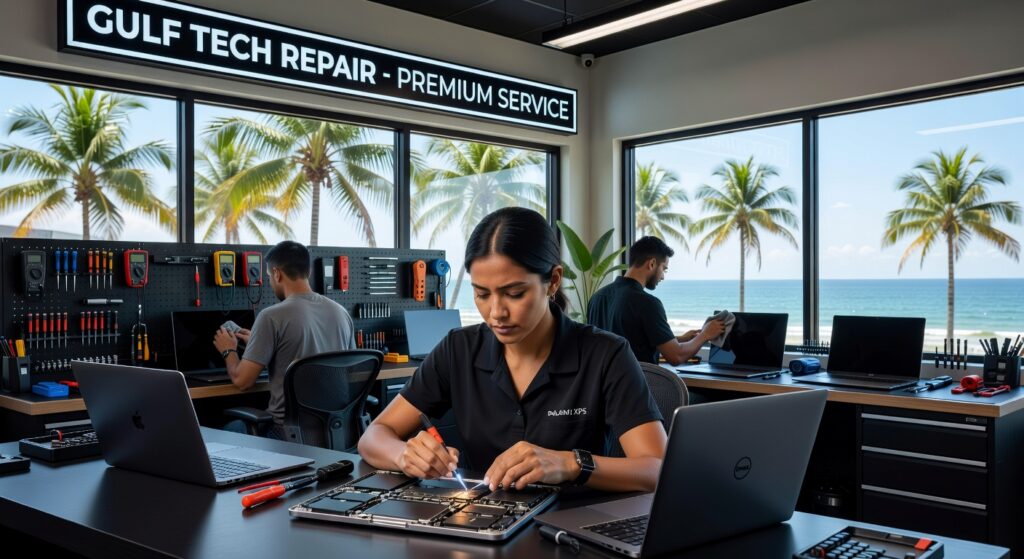 Ultra-realistic 8K photograph of a modern computer repair shop interior in Naples Florida with technicians working on high-end laptops, organized tool benches, large windows showing palm trees and blue sky, professional atmosphere with Gulf of Mexico visible in distance