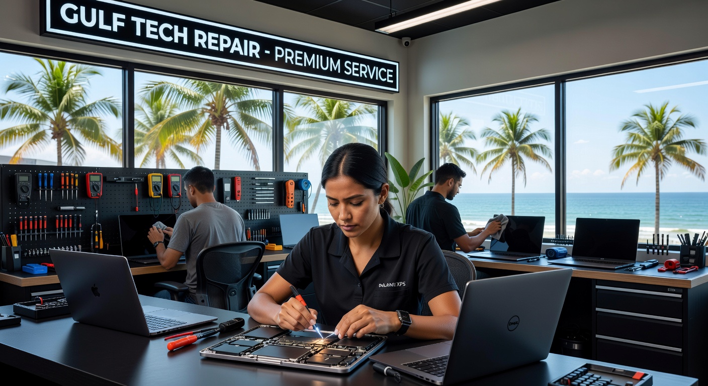 Ultra-realistic 8K photograph of a modern computer repair shop interior in Naples Florida with technicians working on high-end laptops, organized tool benches, large windows showing palm trees and blue sky, professional atmosphere with Gulf of Mexico visible in distance