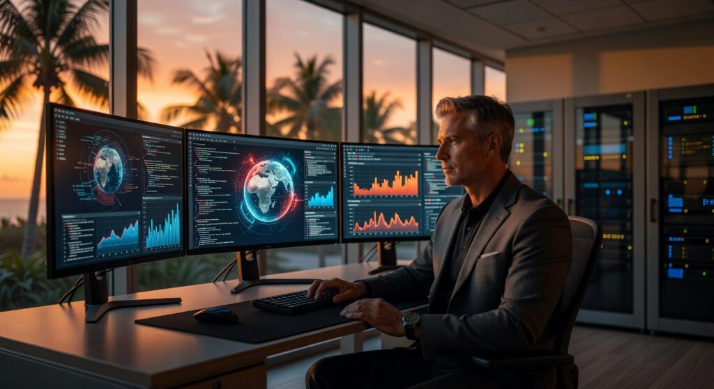Ultra-realistic 8K image of a modern Naples, Florida business office with secure cybersecurity elements, showing a professional monitoring multiple computer screens displaying security dashboards at sunset with palm trees visible through large windows