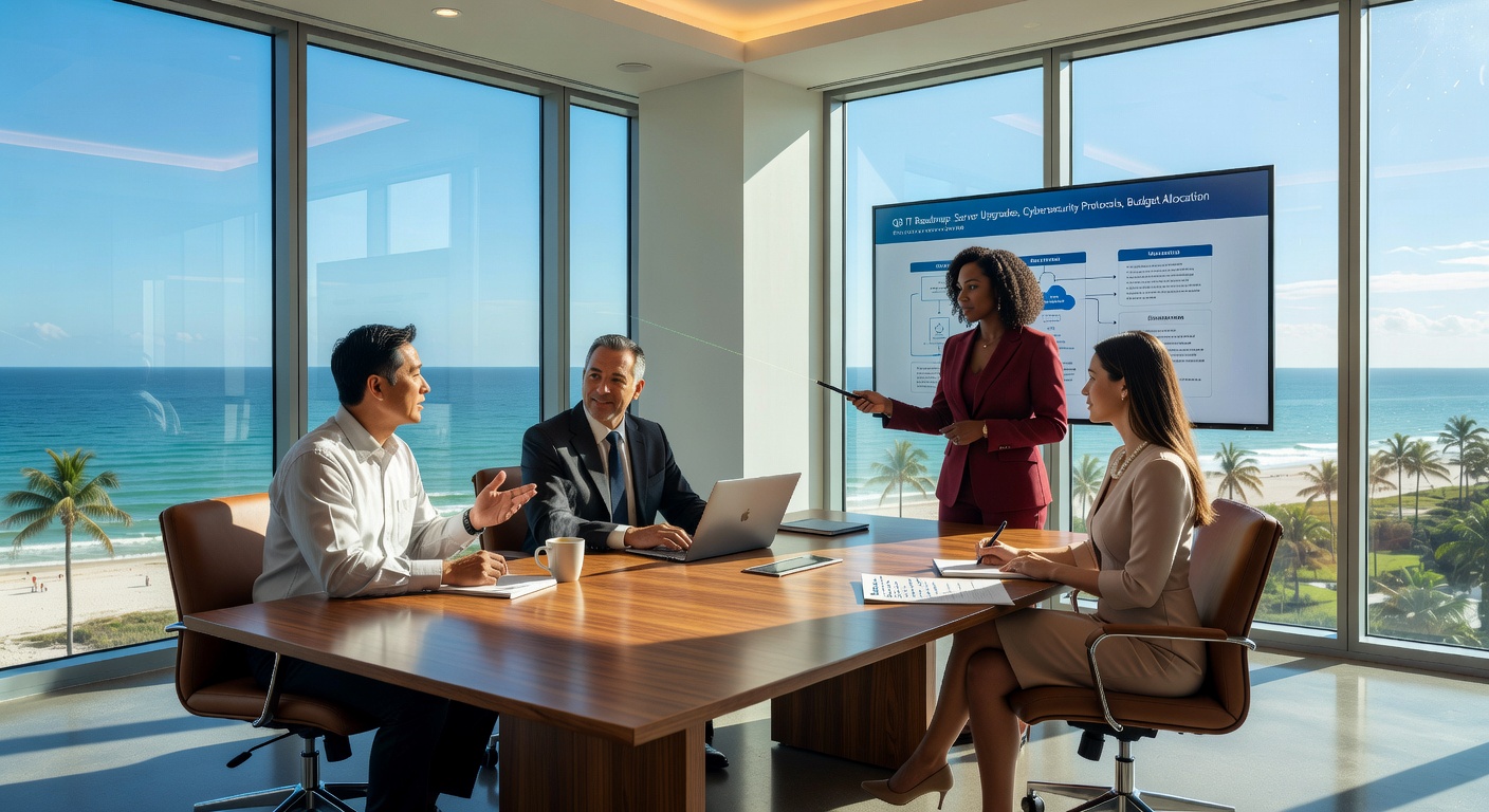 Ultra-realistic 8K photo of a modern Naples Florida business office with professionals discussing IT strategy around a conference table overlooking the Gulf of Mexico, natural daylight, professional atmosphere