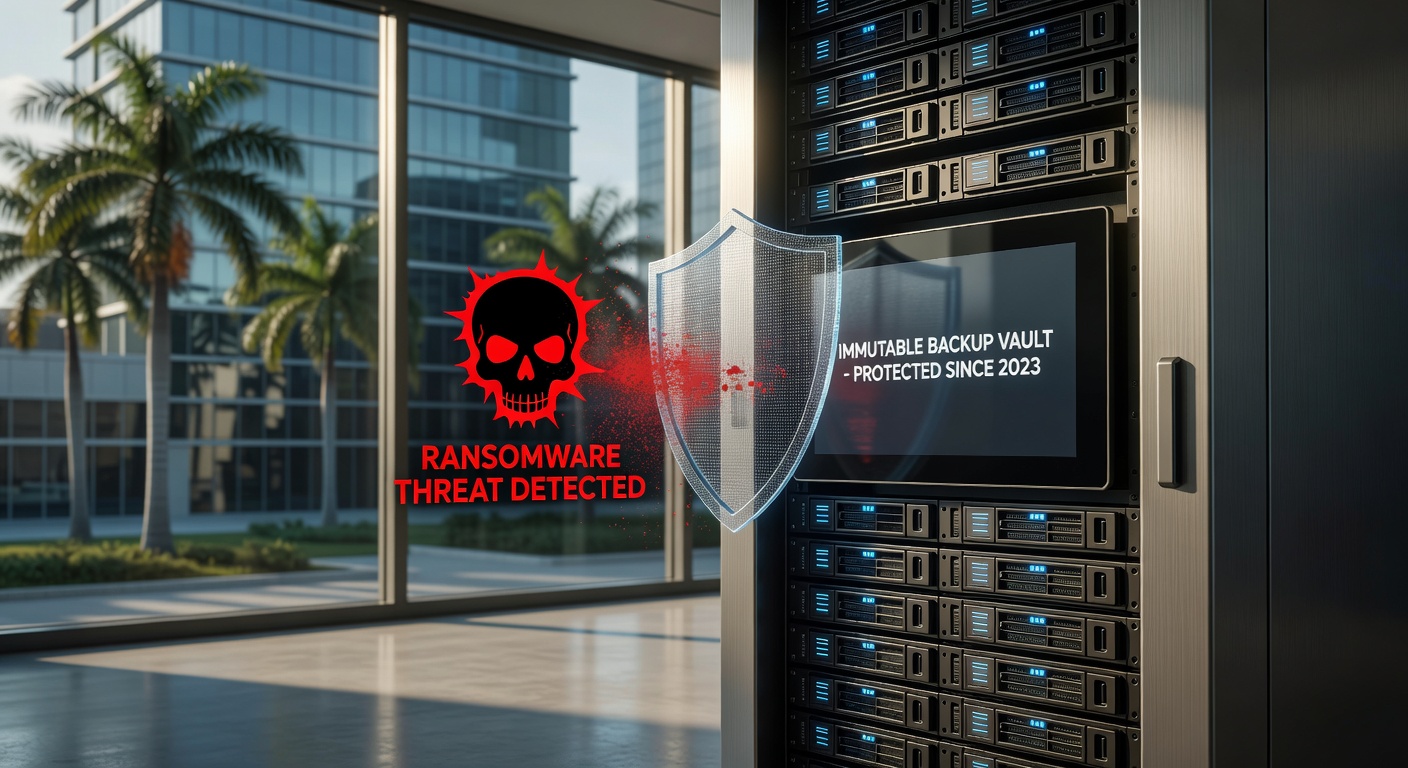 8K photorealistic depiction of an immutable backup system protecting business data with visual representation of ransomware being blocked in a Florida setting