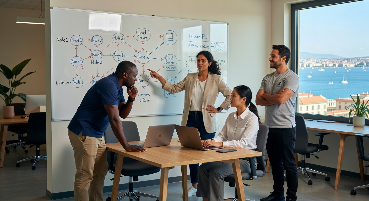 Photorealistic 8K photograph of diverse PCMakers.org team collaborating in modern Naples office with whiteboard showing network diagrams, casual business attire