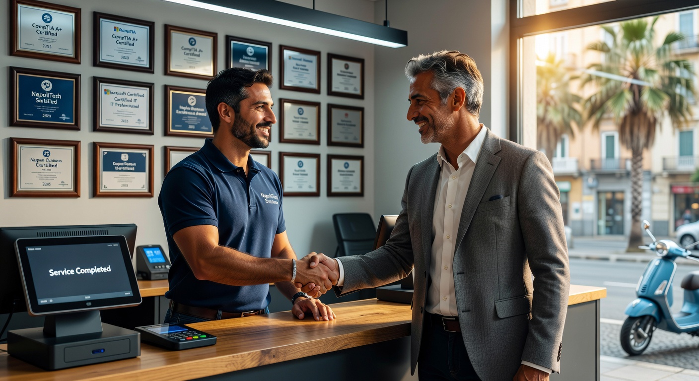 Ultra-realistic 8K image of confident client shaking hands with trusted computer repair technician in professional Naples shop, both smiling, bright modern interior with certification plaques on wall