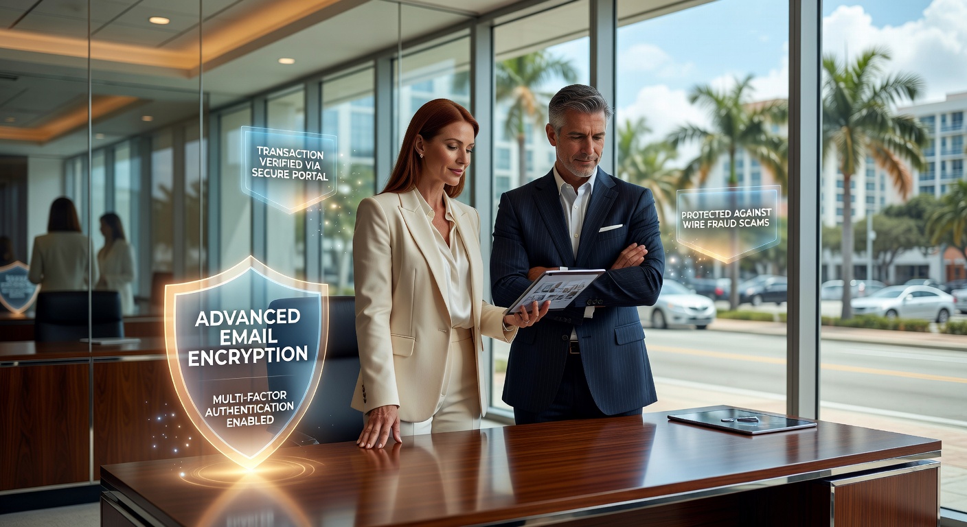 Ultra-realistic 8K image of a Naples real estate office protected from wire fraud with security overlays showing email protection, multi-factor authentication, and secure transaction portals