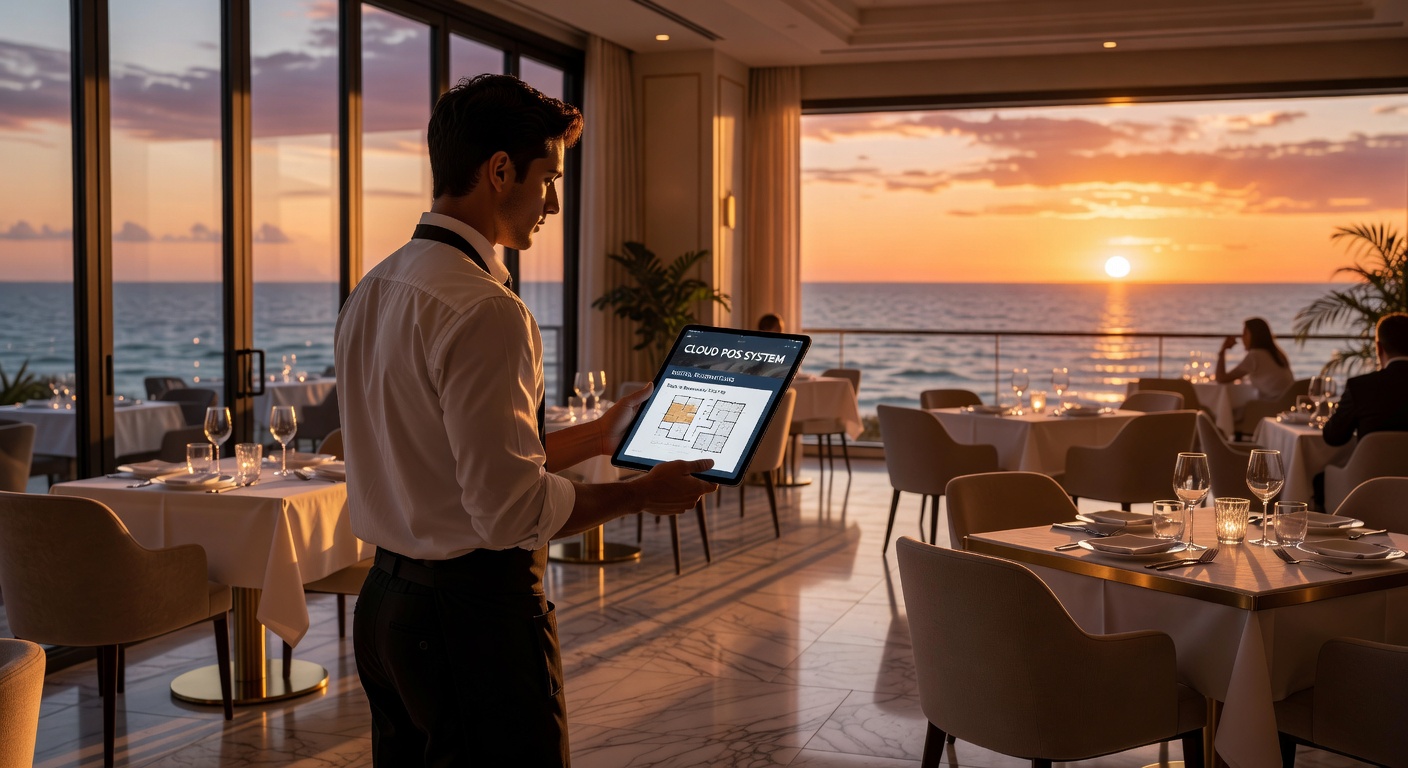 Ultra-realistic 8K image of a luxury restaurant in Naples FL using cloud-based POS system and digital reservation management on tablets