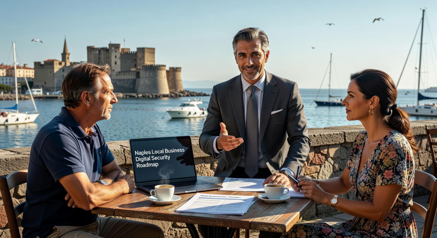 Professional 8K image of a local Naples cybersecurity consultant meeting with small business owners discussing strategy at an outdoor waterfront table