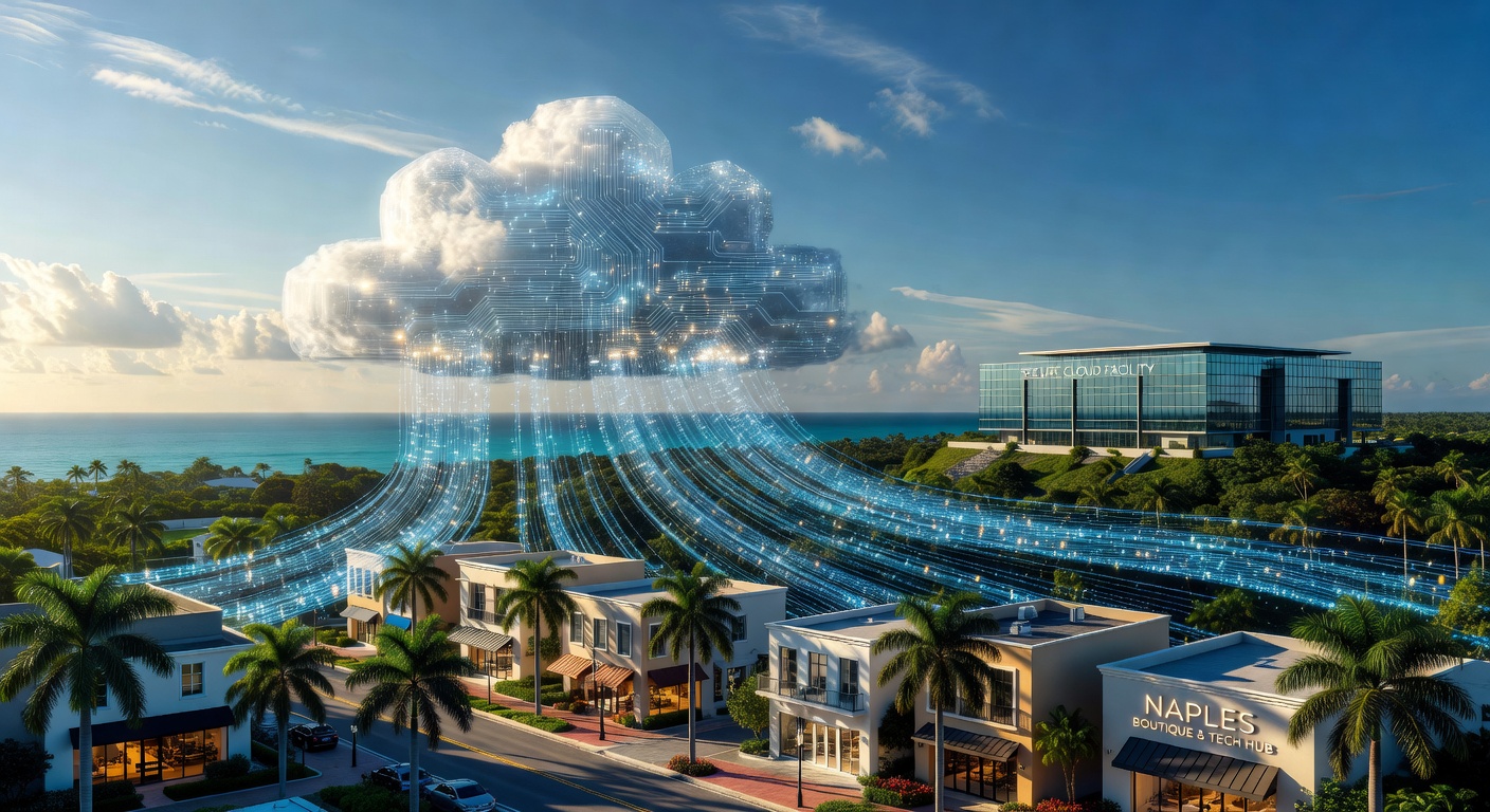 Ultra-realistic 8K image of cloud computing concept with data streams flowing securely between local Naples businesses and remote data centers, Florida landscape below