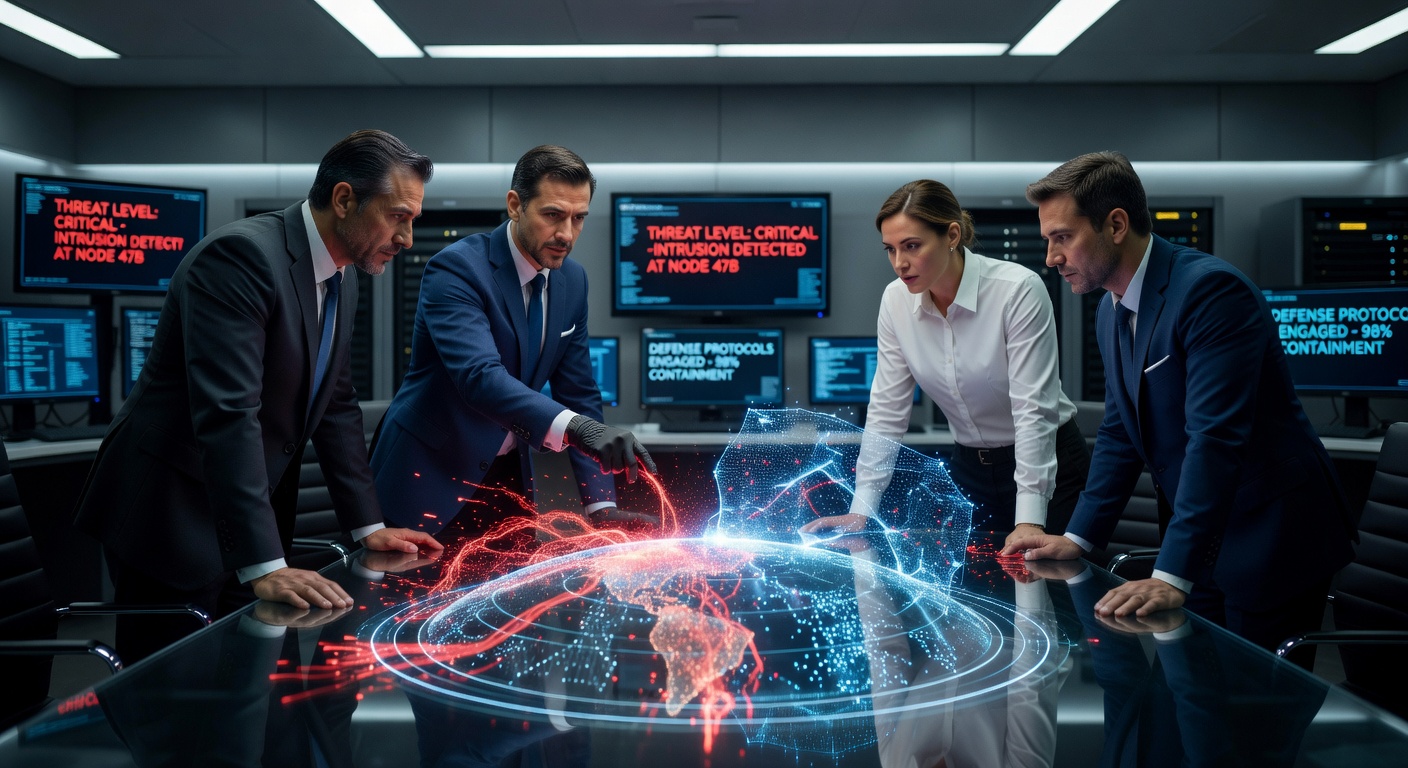 Ultra-realistic 8K dramatic image of a cyber attack being neutralized by rapid response team, showing digital conflict between red threat indicators and blue defensive security measures