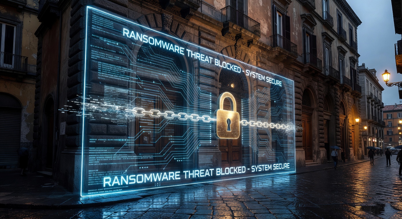 Ultra-realistic 8K photograph depicting ransomware attack prevention with digital locks and security barriers protecting Naples business data