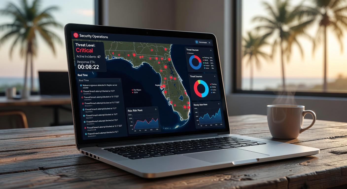Ultra-realistic 8K view of a comprehensive security operations dashboard displaying real-time threat intelligence for a Southwest Florida business