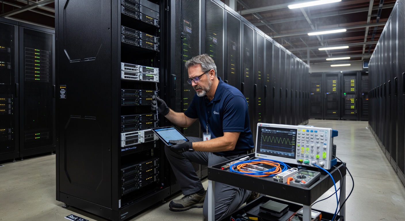 8K professional photograph of network optimization expert working on server rack in climate-controlled data center, focused expression with technical equipment visible