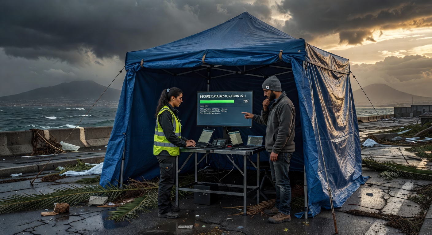 Ultra-realistic 8K image of a business continuity and disaster recovery scenario in Naples after a hurricane, showing secure data restoration from cloud backups to restored office systems