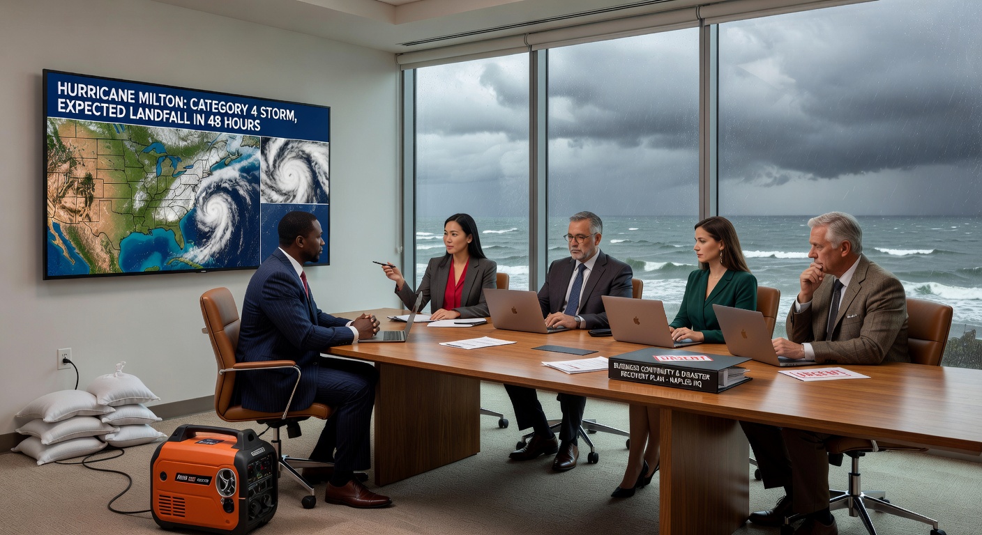 Ultra-realistic 8K image of a business continuity and disaster recovery planning meeting in a Naples boardroom with hurricane preparedness elements