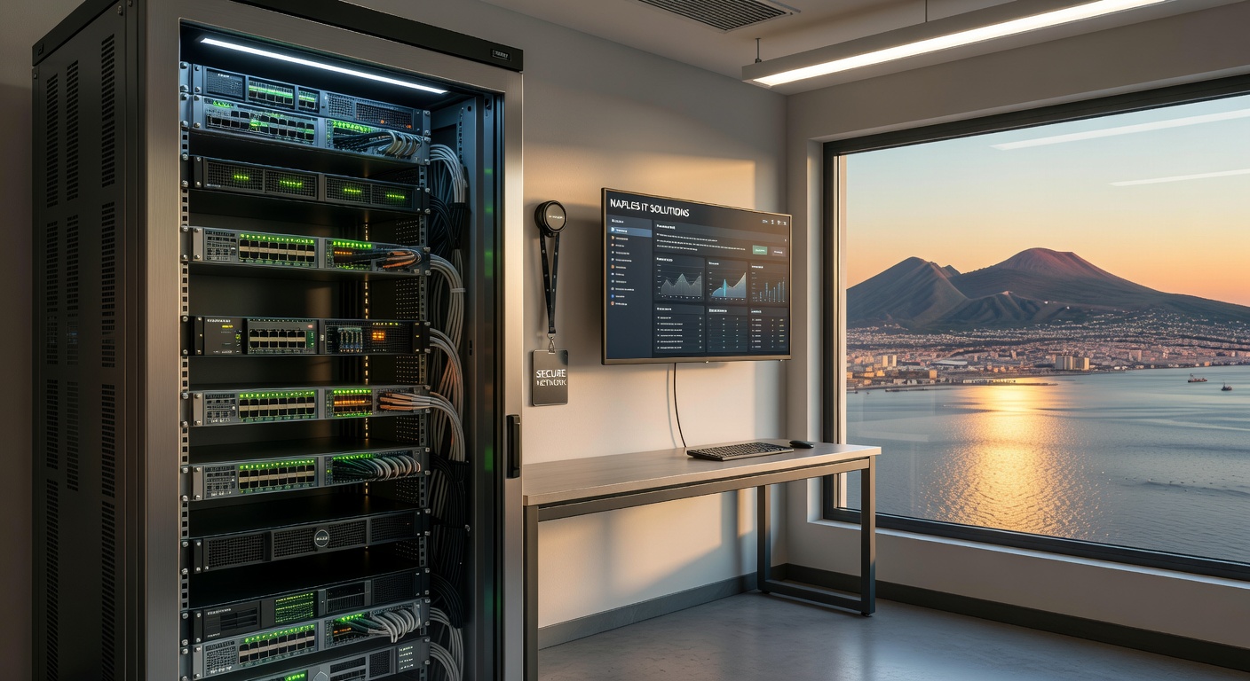 8K realistic photograph of a small business network infrastructure with secure hardware, cables and monitoring systems in a tidy Naples server closet