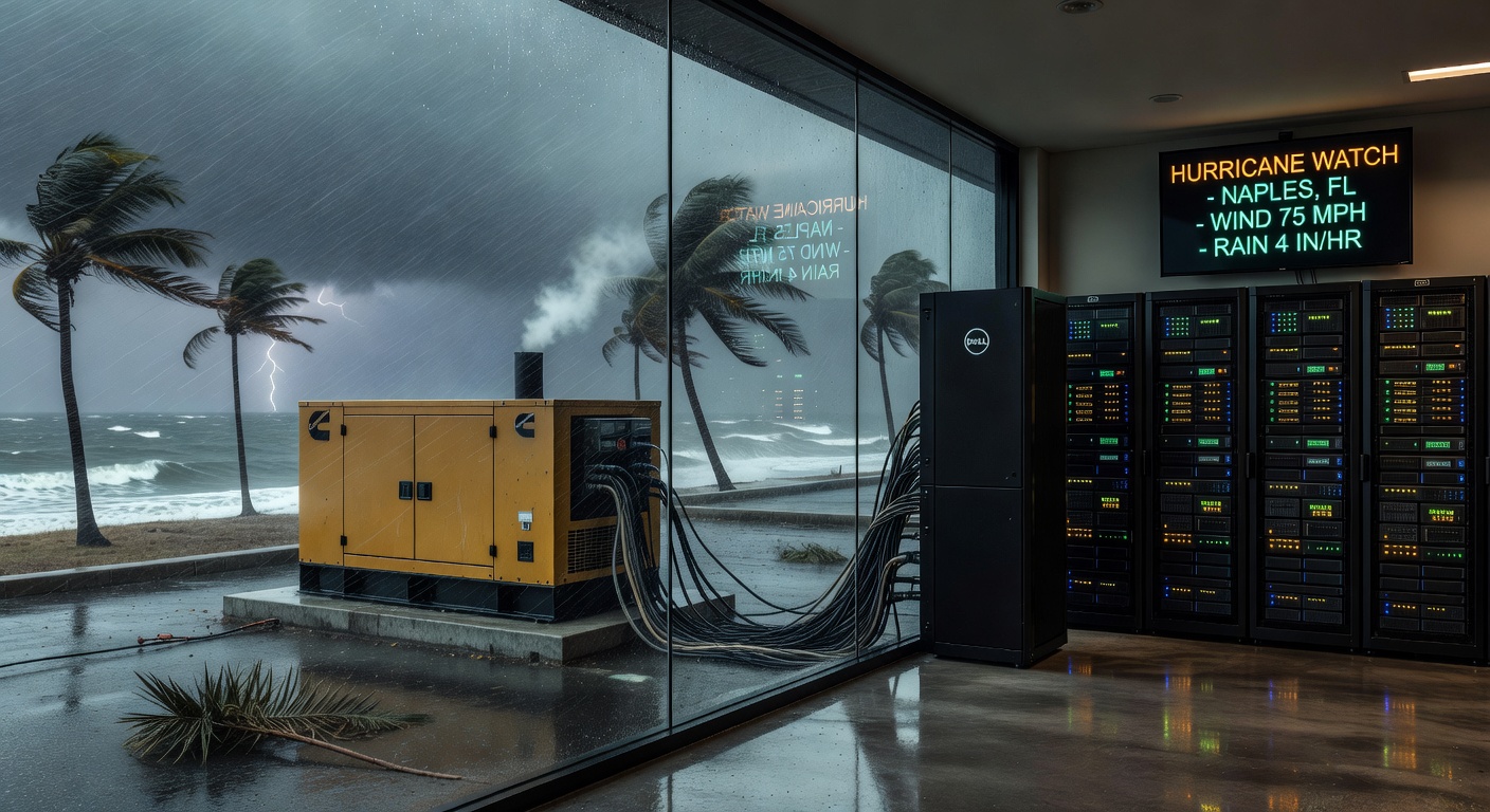 Ultra-realistic 8K image of hurricane preparedness for IT systems showing backup generators and protected servers in a Naples Florida facility during storm conditions