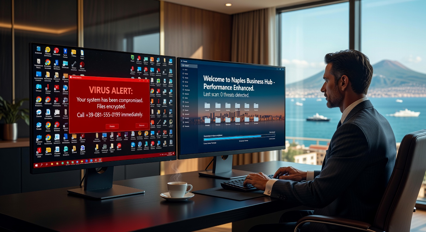 Dramatic ultra-realistic 8K cybersecurity threat map focused on Southwest Florida with Naples highlighted in red, digital interface overlay on physical world map, high-tech monitoring room