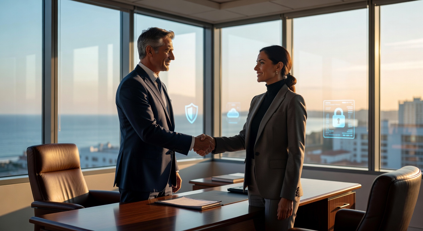 Ultra-realistic 8K portrait of a confident Naples business owner shaking hands with a managed IT services expert in a professional office setting with subtle cybersecurity icons