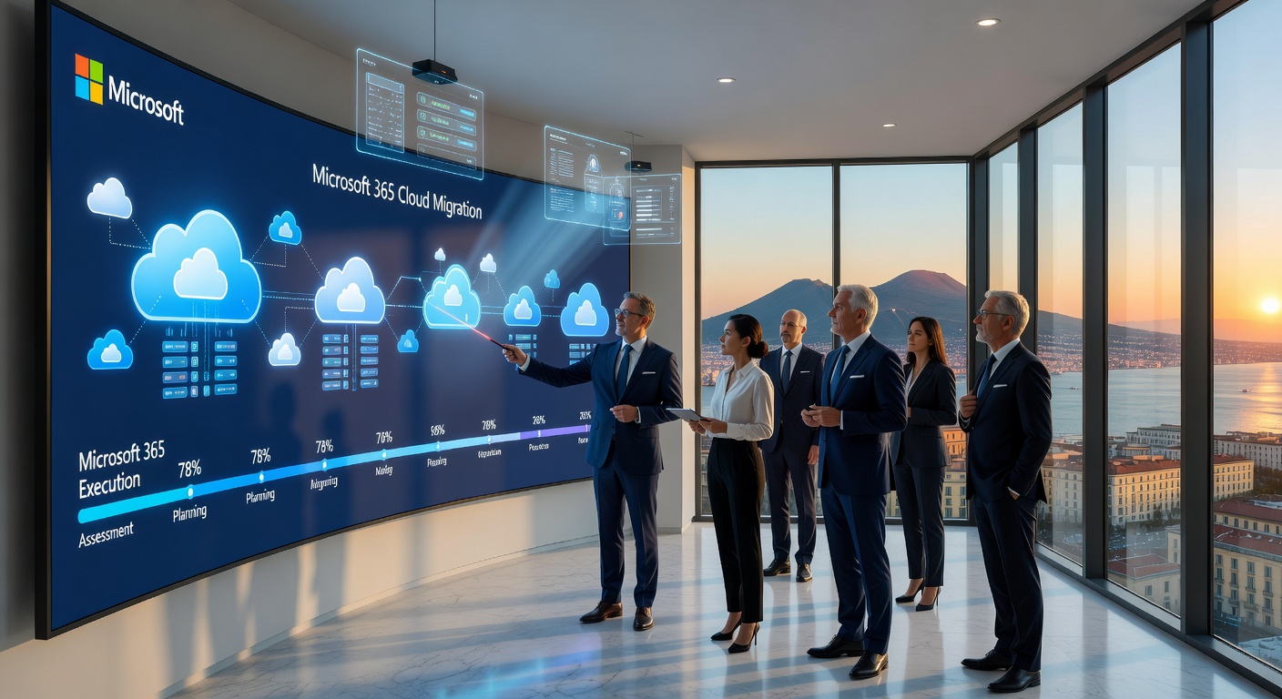 Ultra-realistic 8K photo of Microsoft 365 cloud migration visualization with Naples business professionals and digital transformation graphics