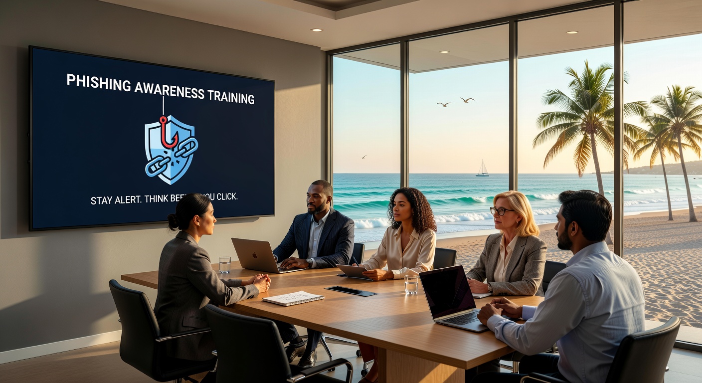 Photorealistic 8K image showing employee receiving phishing awareness training on large screen with Naples beach scene visible in meeting room