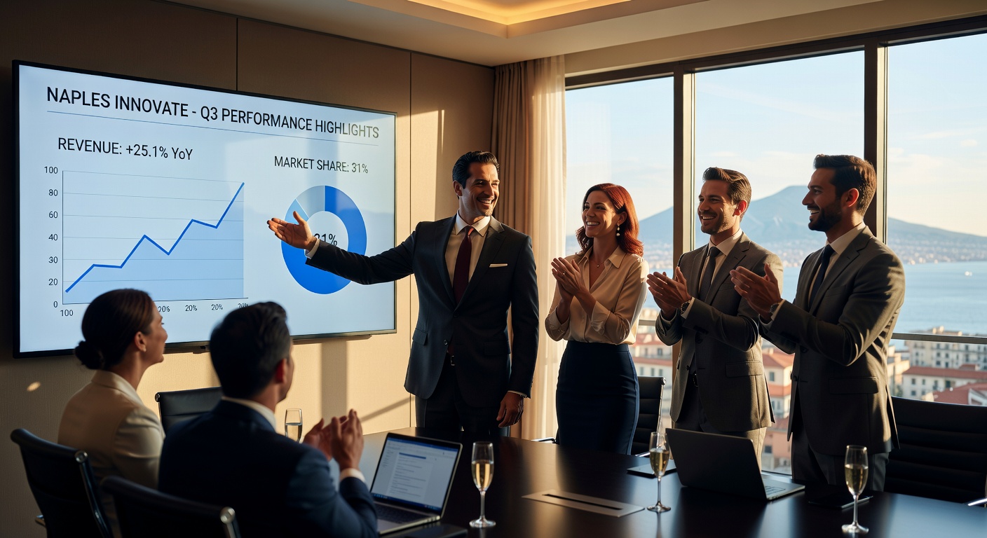 Photorealistic 8K photograph of happy Naples business team in conference room celebrating success, IT professional presenting positive performance metrics on screen