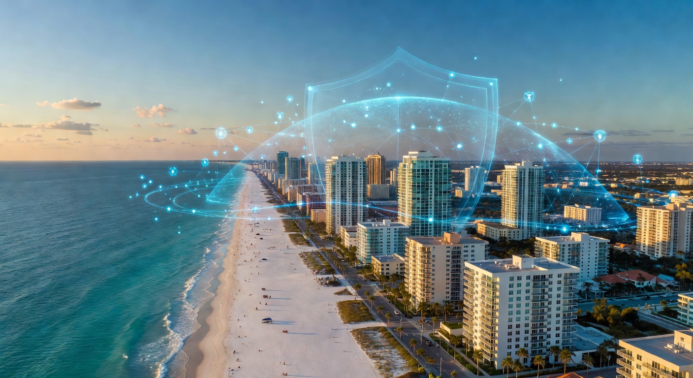 Ultra-realistic 8K aerial view of Naples, Florida coastline with digital overlay showing interconnected businesses protected by a comprehensive cybersecurity network shield