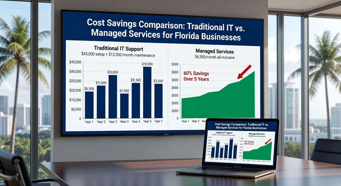Ultra-realistic 8K image showing cost savings comparison charts between traditional IT support and managed services for Florida businesses