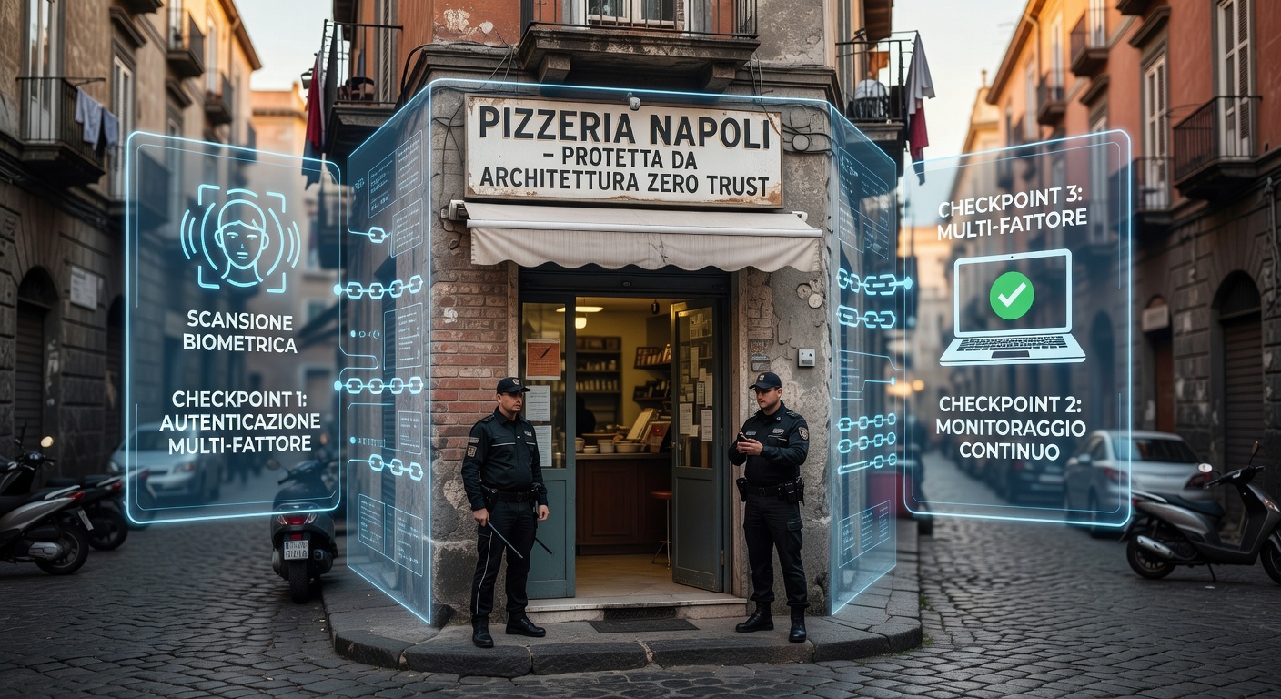 Ultra-detailed 8K image of zero-trust security architecture visualized with multiple verification checkpoints protecting a Naples small business