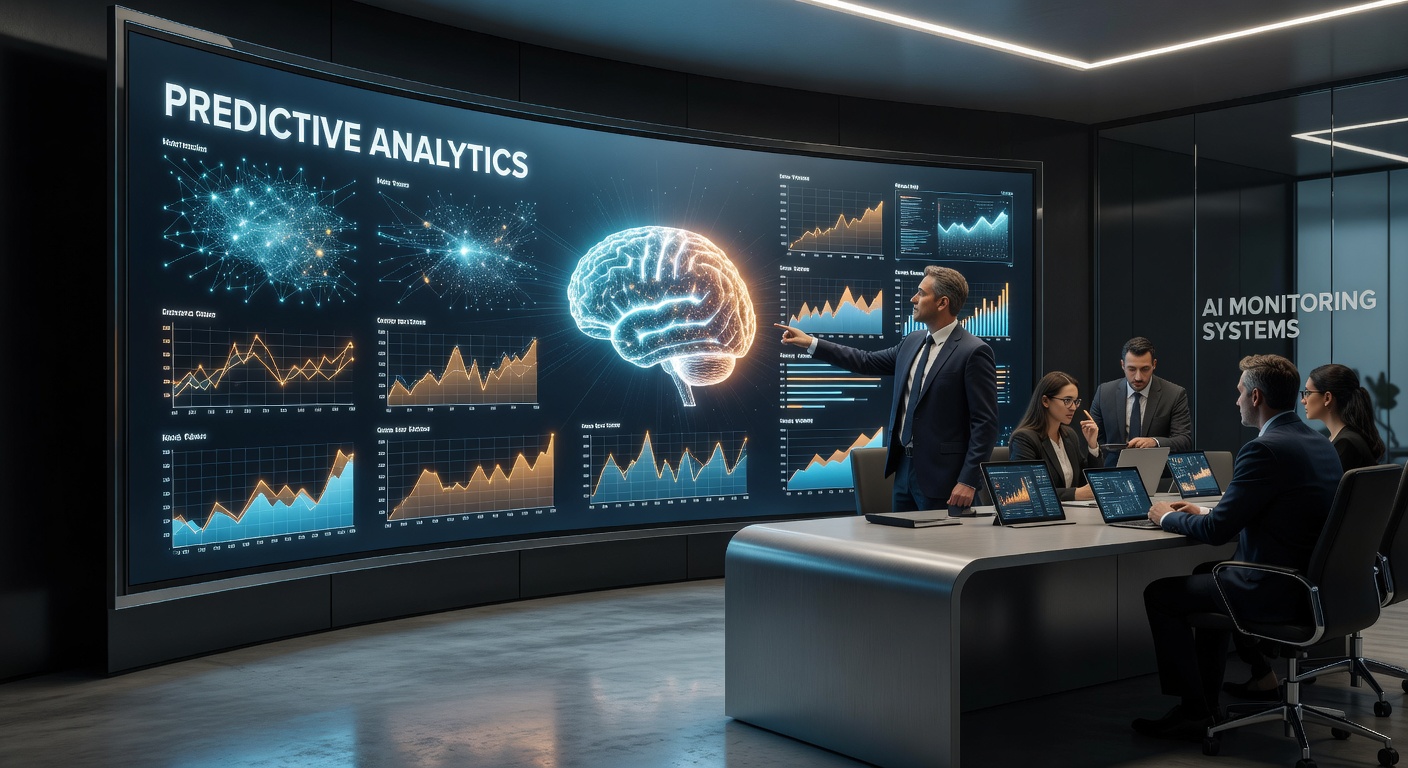 Ultra-detailed 8K image of artificial intelligence powered IT monitoring system displaying predictive analytics on large curved monitor in professional setting