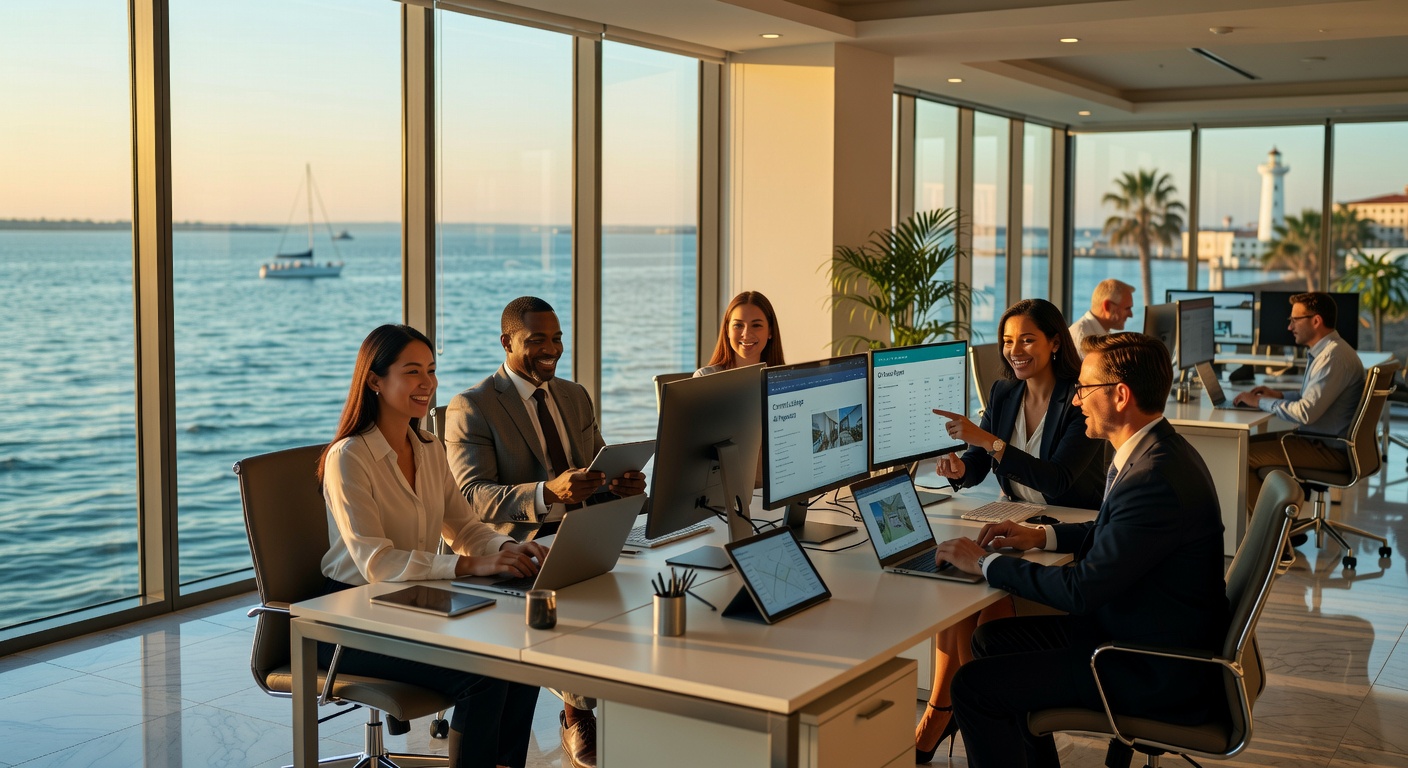 Ultra-realistic 8K photograph of organized server room with enterprise networking equipment in a Collier County Florida business, blue LED lighting, perfect cable management