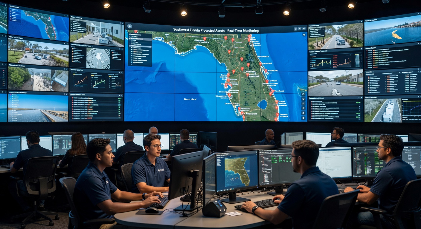 Ultra-realistic 8K image of a 24/7 network operations center (NOC) with multiple technicians monitoring security screens, showing maps of Southwest Florida with protected business locations