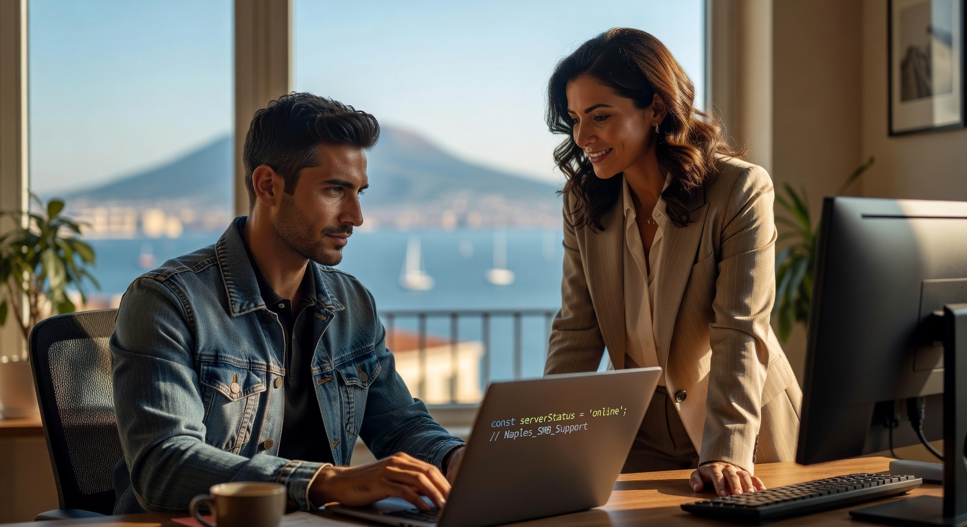Ultra-realistic 8K photograph of a local Naples IT technician providing on-site support to a small business owner in an office setting