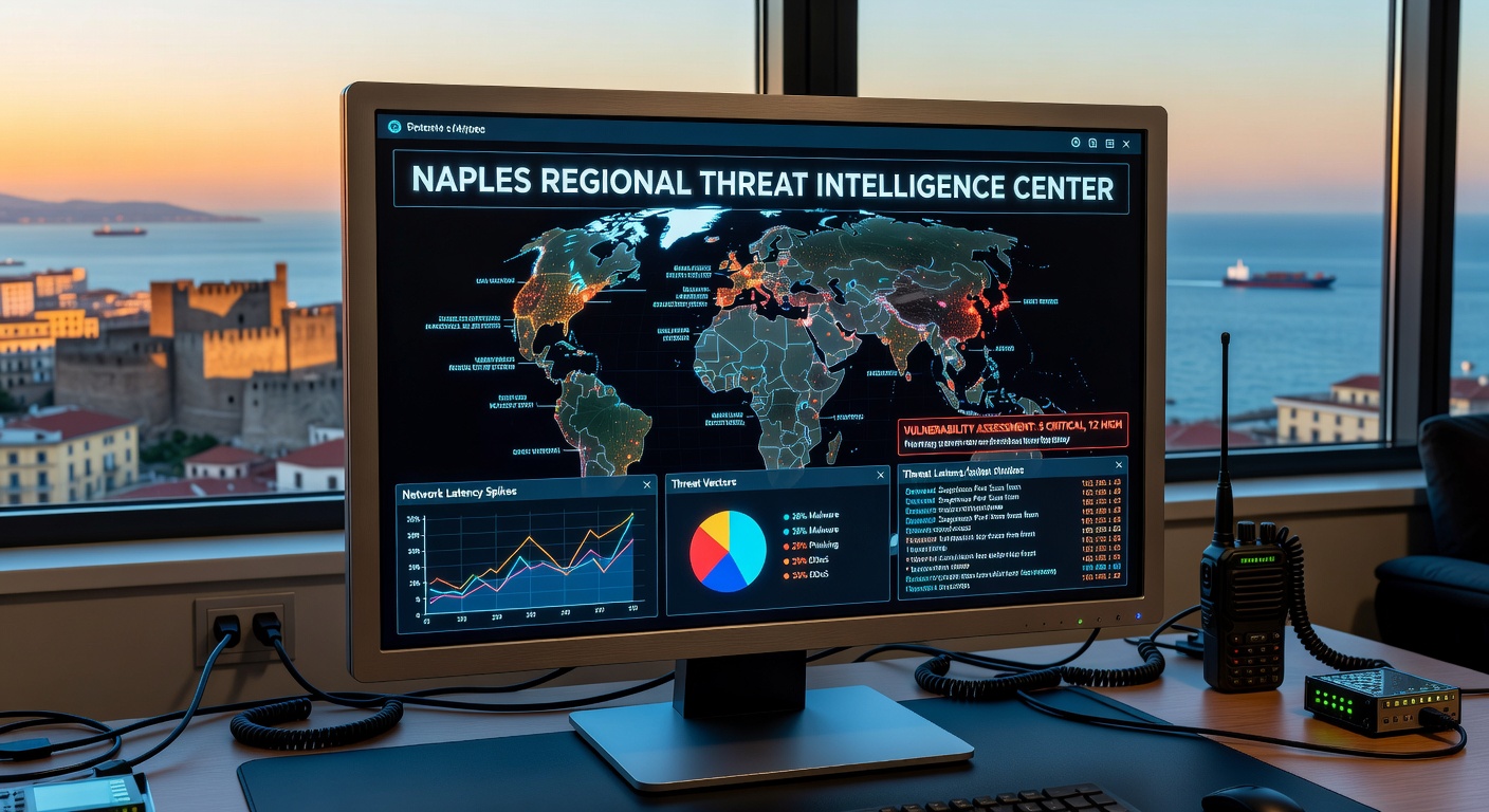 Ultra-realistic 8K close-up of a digital threat dashboard displaying real-time security metrics, vulnerability assessments, and Naples regional threat intelligence