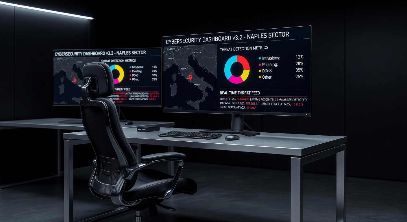 Ultra-realistic 8K image of a comprehensive cybersecurity dashboard with threat detection metrics and Naples location coordinates