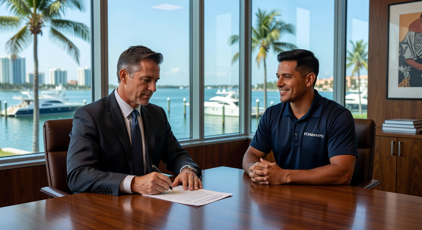 Photorealistic 8K image of executive signing managed IT services contract across table from PCMakers.org consultant in upscale Naples Florida office with waterfront view