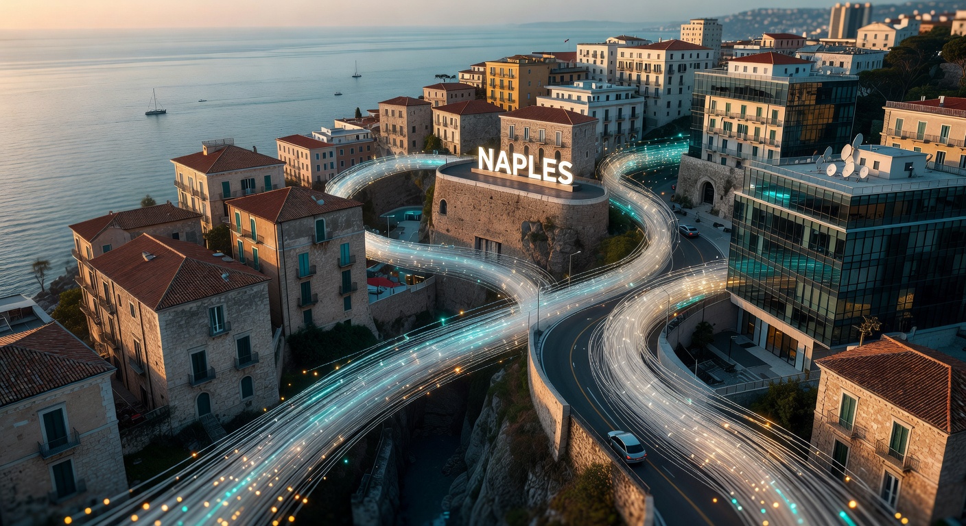 Ultra-realistic 8K image of Naples real estate team successfully working on multiple computers after IT recovery, modern office with large windows showing Venetian Bay, positive atmosphere