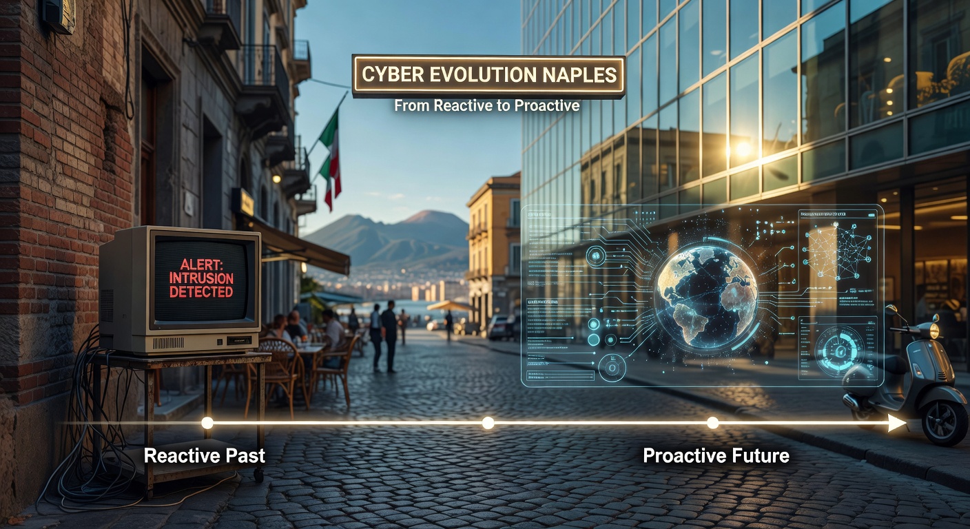 Ultra-realistic 8K image showing the evolution of cybersecurity from reactive to proactive managed services, displayed as a timeline with modern Naples business elements