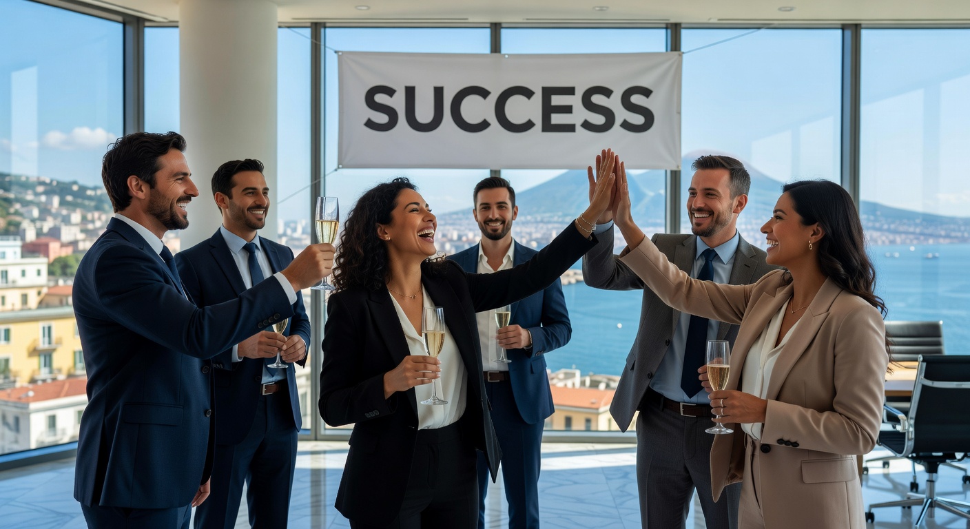 Ultra-realistic 8K photo of happy Naples business team celebrating successful IT system implementation in a contemporary office space