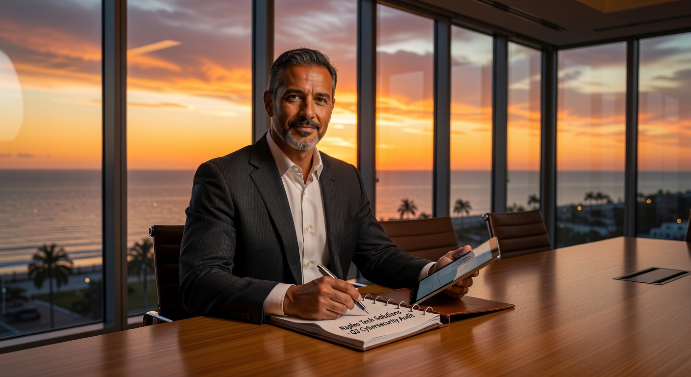 Ultra-realistic 8K aerial perspective of Naples Florida business community connected by secure digital network overlays and protection shields