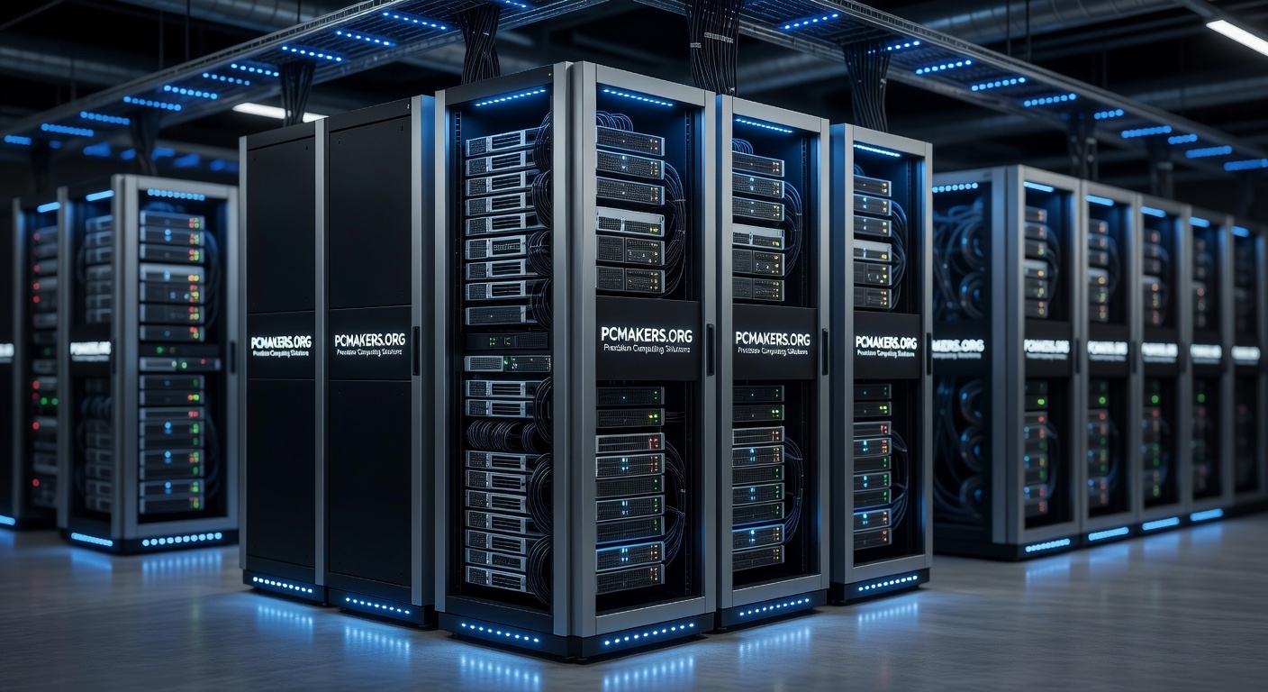 Ultra-realistic 8K photograph of secure modern server room with organized racks, blue LED lighting, and PCMakers.org branding elements visible, clean and professional