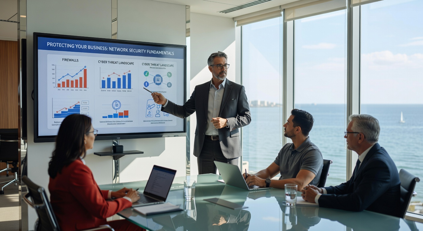 Ultra-realistic 8K photo of decision matrix chart on large monitor showing repair versus replace costs for business computers, Naples Florida executive office with tasteful decor