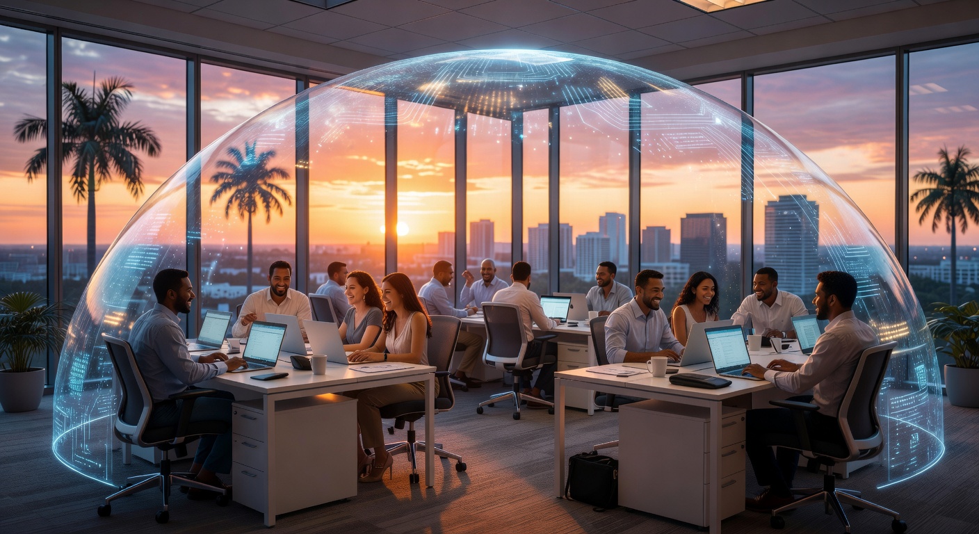 Ultra-realistic 8K concluding image of a successful, secure Naples business environment with happy employees working on computers under a protective digital security dome with beautiful Florida sunset in background