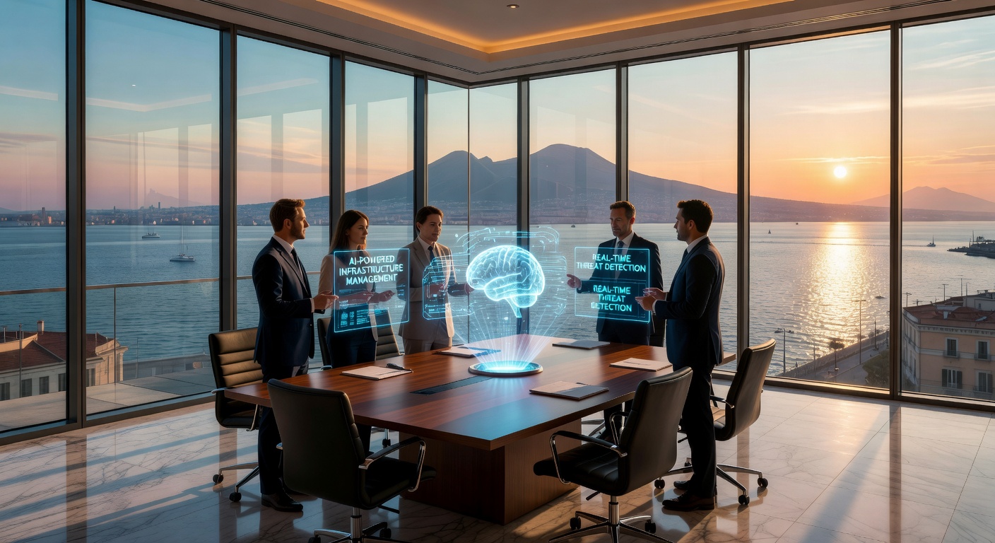 Ultra-realistic 8K image representing the future of managed IT services with AI elements, Naples waterfront, and advanced holographic technology displays