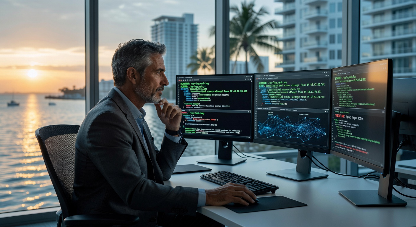 Photorealistic 8K portrait of a professional IT cybersecurity expert analyzing multiple monitors showing network security data inside a modern Naples Florida office with waterfront view