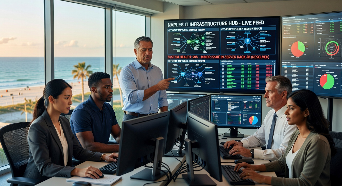 Photorealistic 8K image of professional IT team in a high-tech monitoring center in Naples Florida, multiple large screens displaying network status, focused expressions, natural office lighting