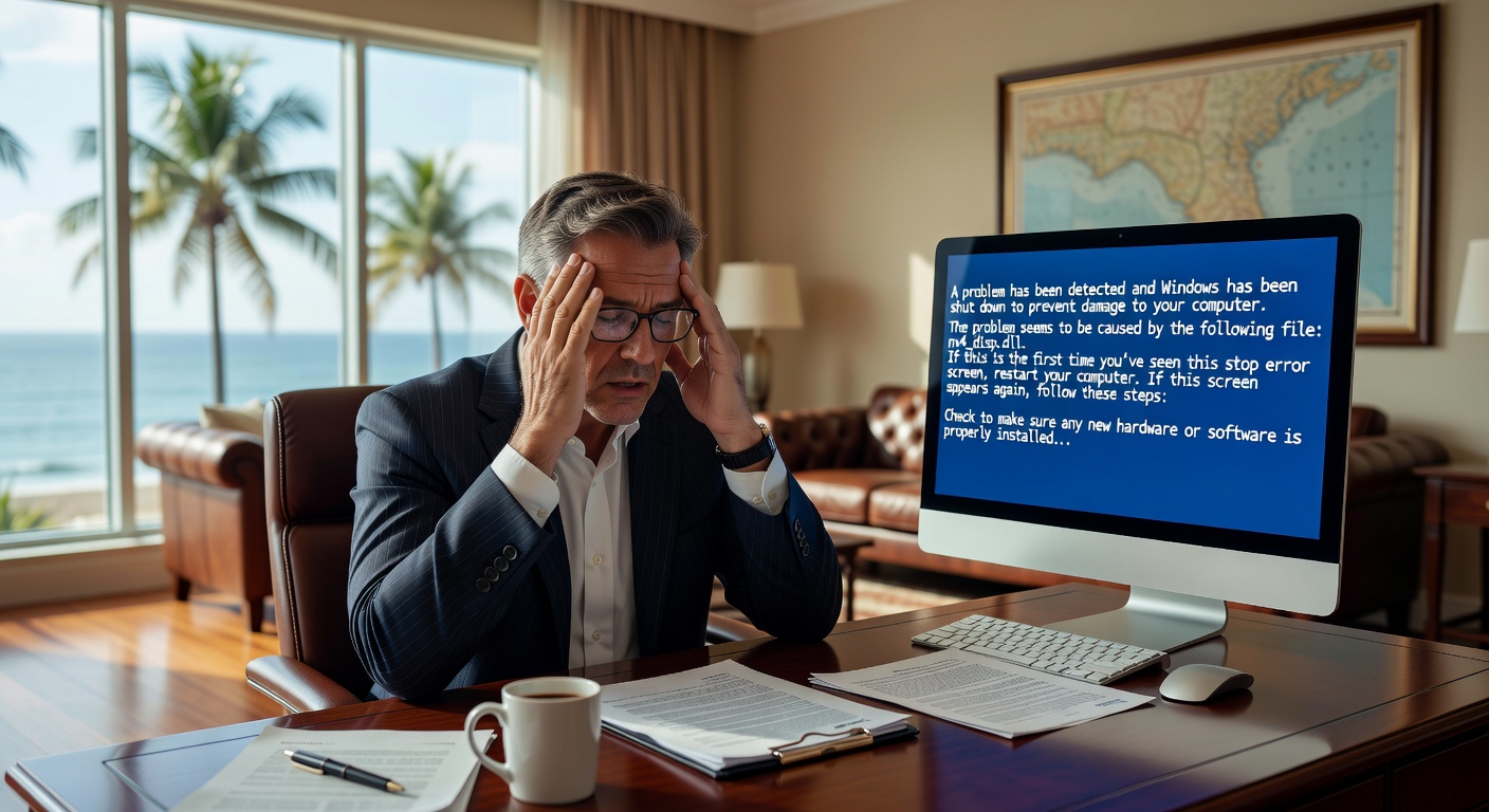 Ultra-realistic 8K image of frustrated Naples business owner in waterfront office staring at blue screen of death on desktop computer, elegant Florida interior design, natural sunlight, scattered real estate documents on desk