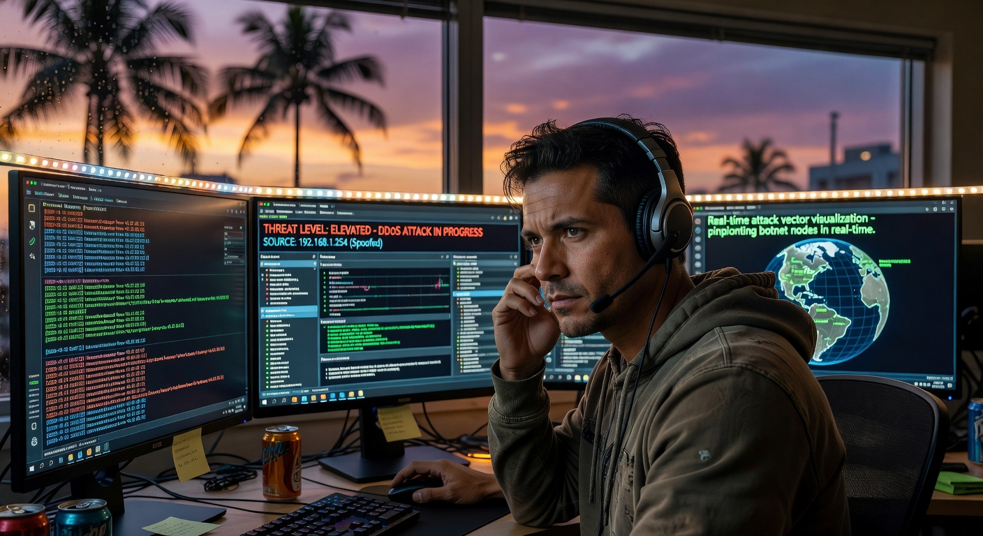Ultra-realistic 8K close-up of a cybersecurity professional in Naples analyzing threat alerts on multiple monitors, with sophisticated security software interfaces and subtle Florida coastal elements in the background
