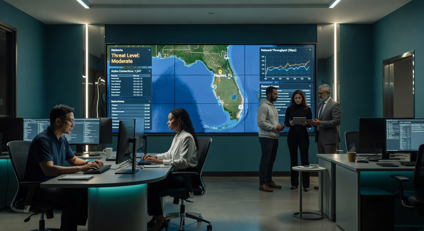 Ultra-realistic 8K image of a Naples FL network operations center with multiple monitors displaying security dashboards and network status, blue and teal color scheme, high-tech environment
